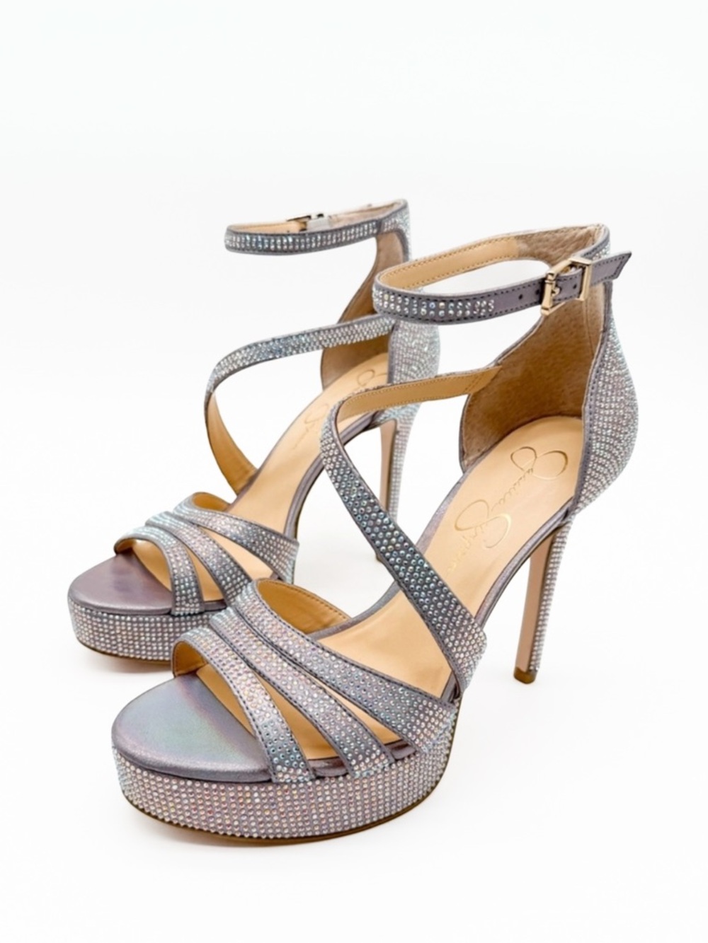 Jessica Simpson Shyremin Rhinestone Platform Stiletto Sandals Silver Glam 8 NEW